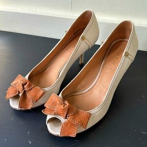 Miu Miu Cream Denim Open Toe Pump with Leather Bow Size 38